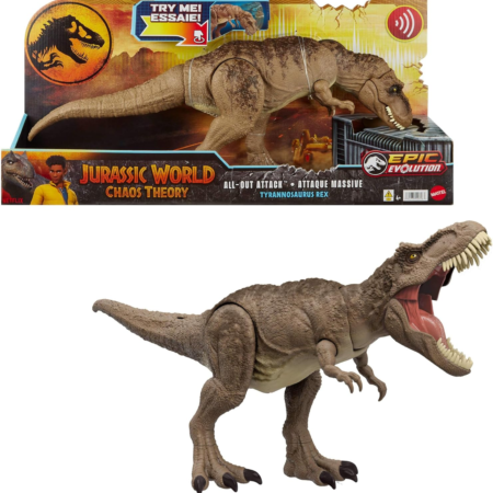 Mattel Jurassic World T. rex Dinosaur Toy with Sound & Movement, All-Out Attack