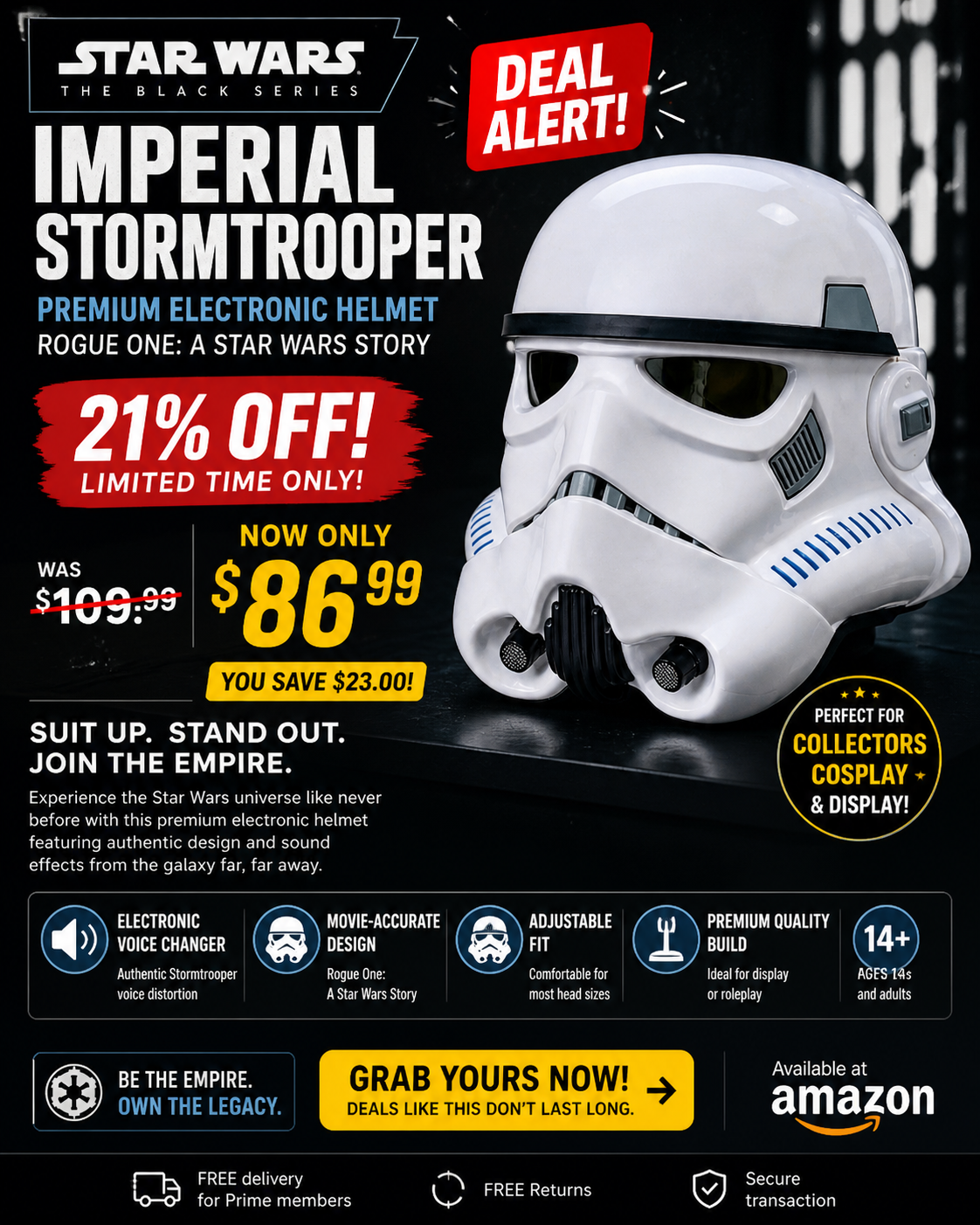 The Black Series Imperial Stormtrooper Premium Electronic Helmet, Rogue One: A Story Adult Roleplay Item, Ages 14 and Up